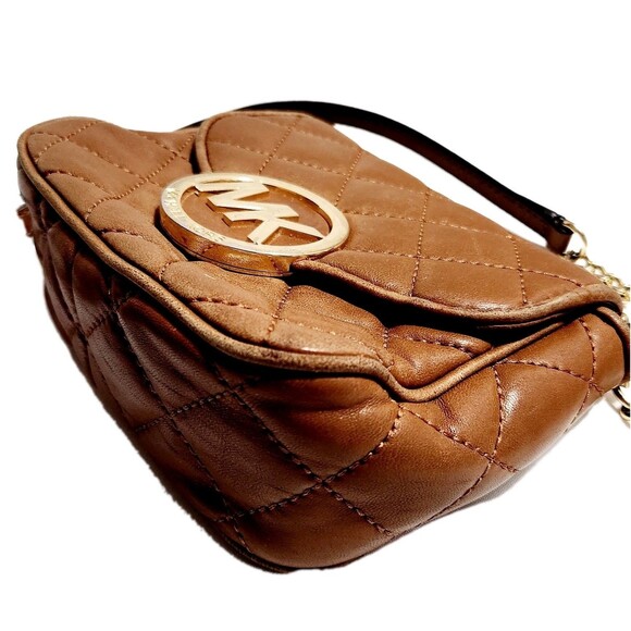 Michael Kors MK Small Chain Fulton Quilted Brown Leather Crossbody Bag Purse - Picture 6 of 12